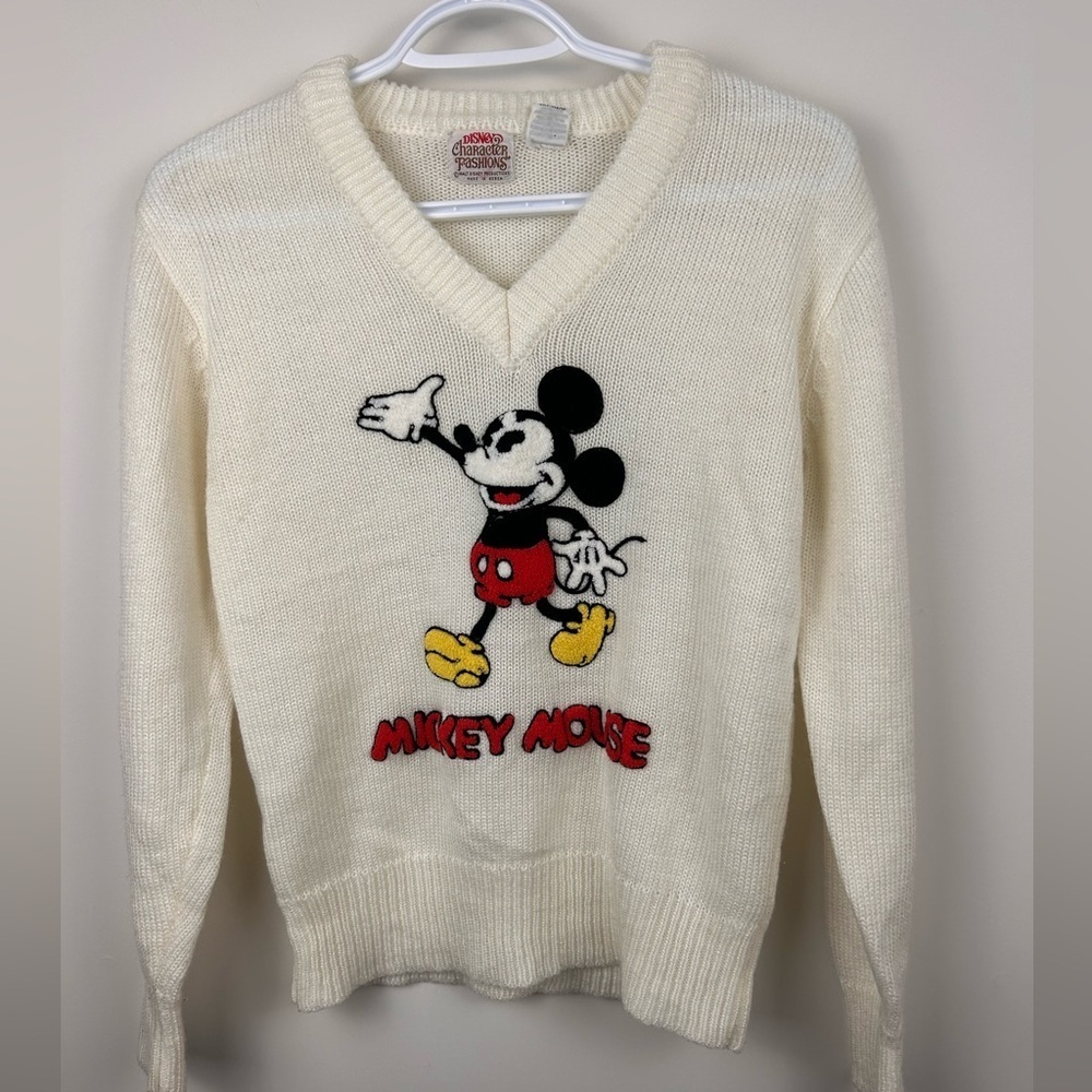 Vintage Disney Mickey Mouse Embroidered Sweater Cream Knit S Retro 70s 80s